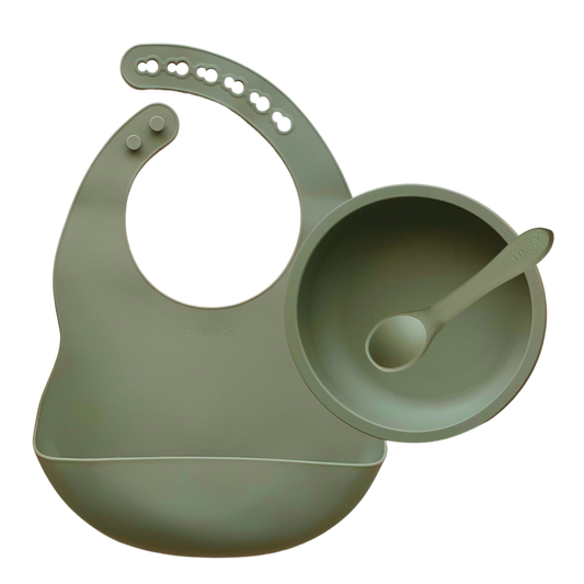First Solids Bib, Bowl, Spoon Set in Olive